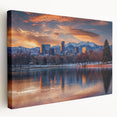 Denver skyline depicted in muted earth tones on a large stretched canvas, suitable for kitchen wall art.