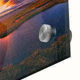 Large abstract wall art featuring vibrant shades of blue and orange on acrylic glass, suitable for dining room ambiance.