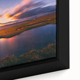 Extra large framed canvas featuring a textured depiction of a Connecticut scenery in black with colorful accents.