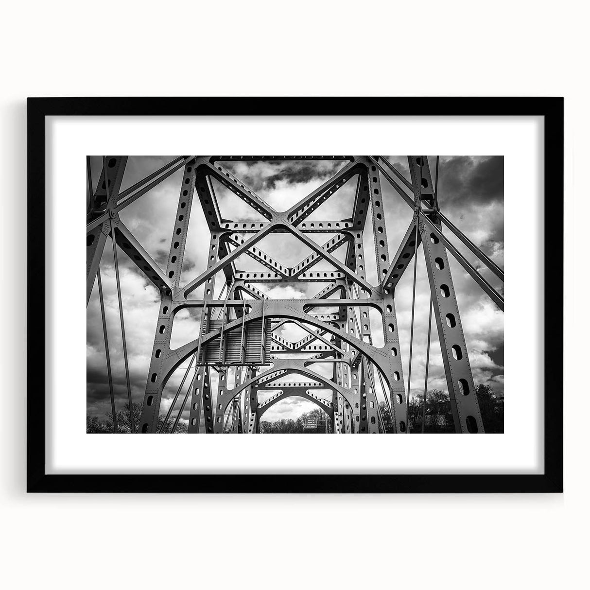 Abstract art print featuring vibrant, colorful scenery of Delaware in a black frame with a mat, ideal for living room decor.
