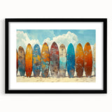 Colorful abstract art print of Kauai's lush landscapes, in a black frame with mat, ideal for living room decor.