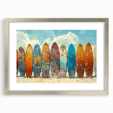 Textured abstract art print of Kauai's landscape in muted green and blue hues, presented in a silver frame with mat.