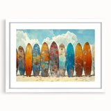 Abstract art print of Kauai landscape in muted green and blue tones on a framed white mat, ideal for dining room decor.