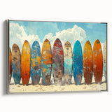 Framed canvas featuring a vintage-style landscape painting of Kauai, Hawaii with vibrant green and blue tones.