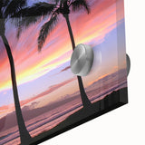 Large abstract wall art of Maui scenery in mid-century modernist style on acrylic glass, ideal for dining room decor.