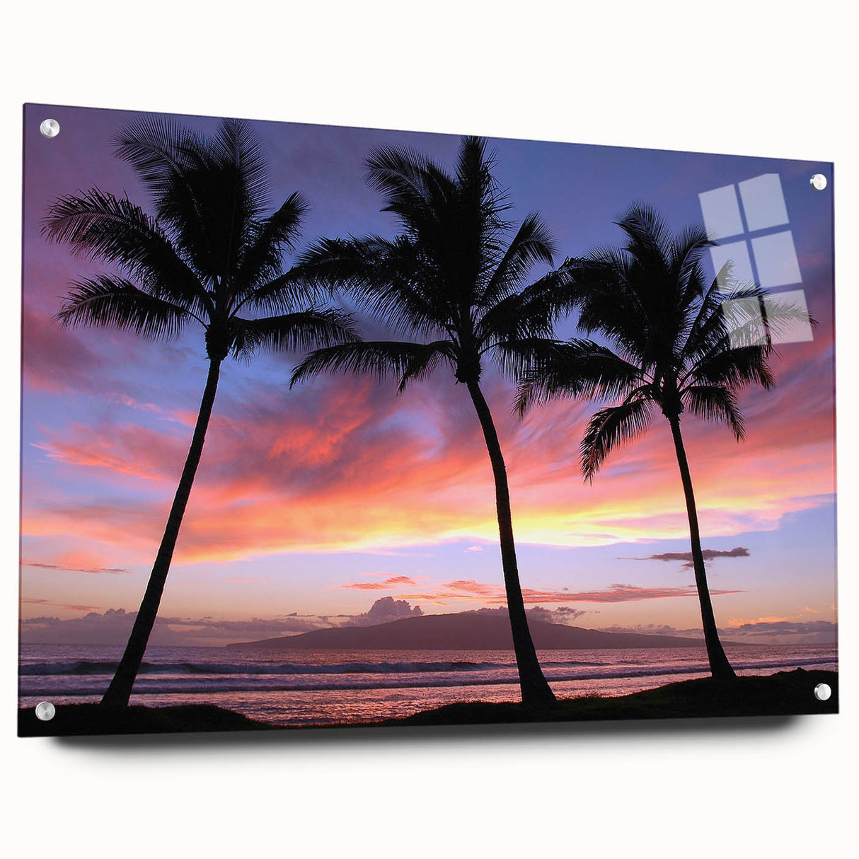 Large abstract wall art of a Maui scenery in vibrant blue and green hues on acrylic glass.