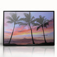 Large abstract wall art of a Maui scenery in black framed acrylic, with vibrant ocean and sunset hues.