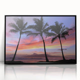 Large abstract wall art of a Maui scenery in black framed acrylic, with vibrant ocean and sunset hues.