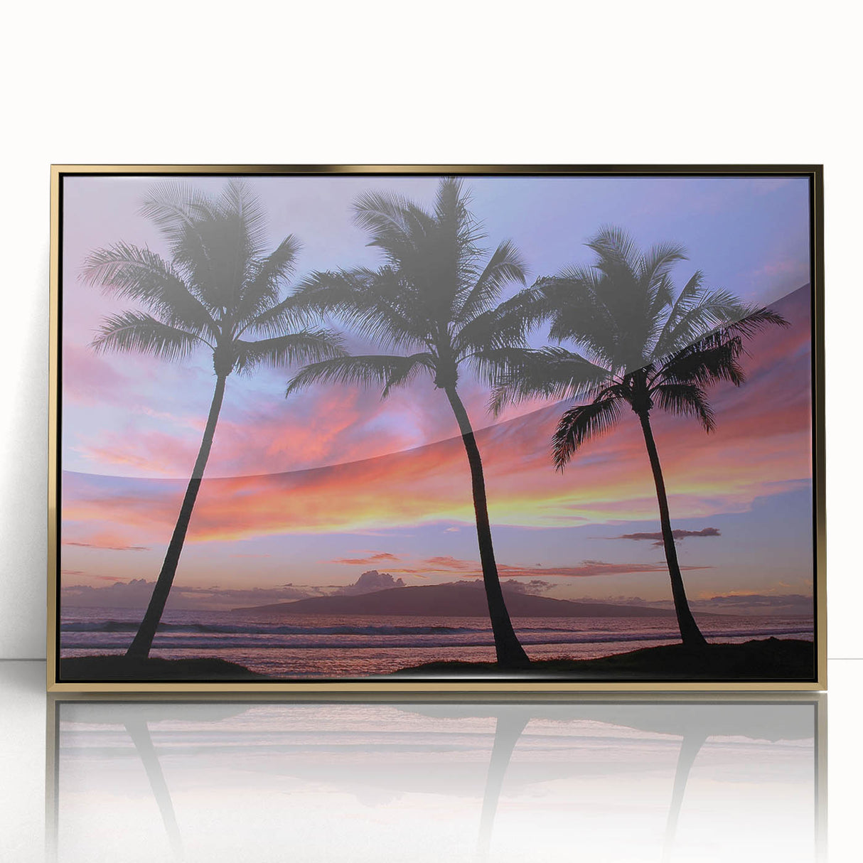 Large acrylic print of a Maui landscape in gold frame, showcasing mid-century modernist style.