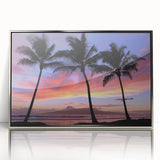 Mid-century modernist art of Maui scenery in muted blues and greens on a silver-framed acrylic.