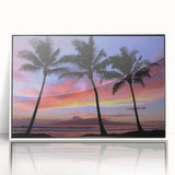 Acrylic print of a Maui, Hawaii landscape in art deco style with vibrant colors, framed in white.