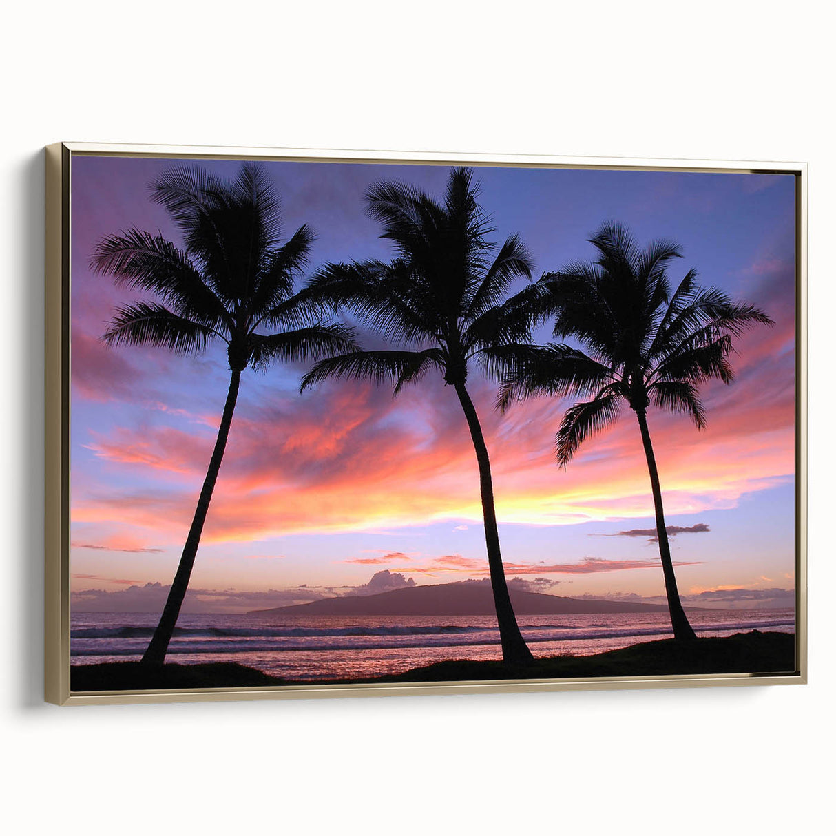 Framed canvas wall art depicting a vintage-style black and gold Maui landscape, suitable for bedroom decor.