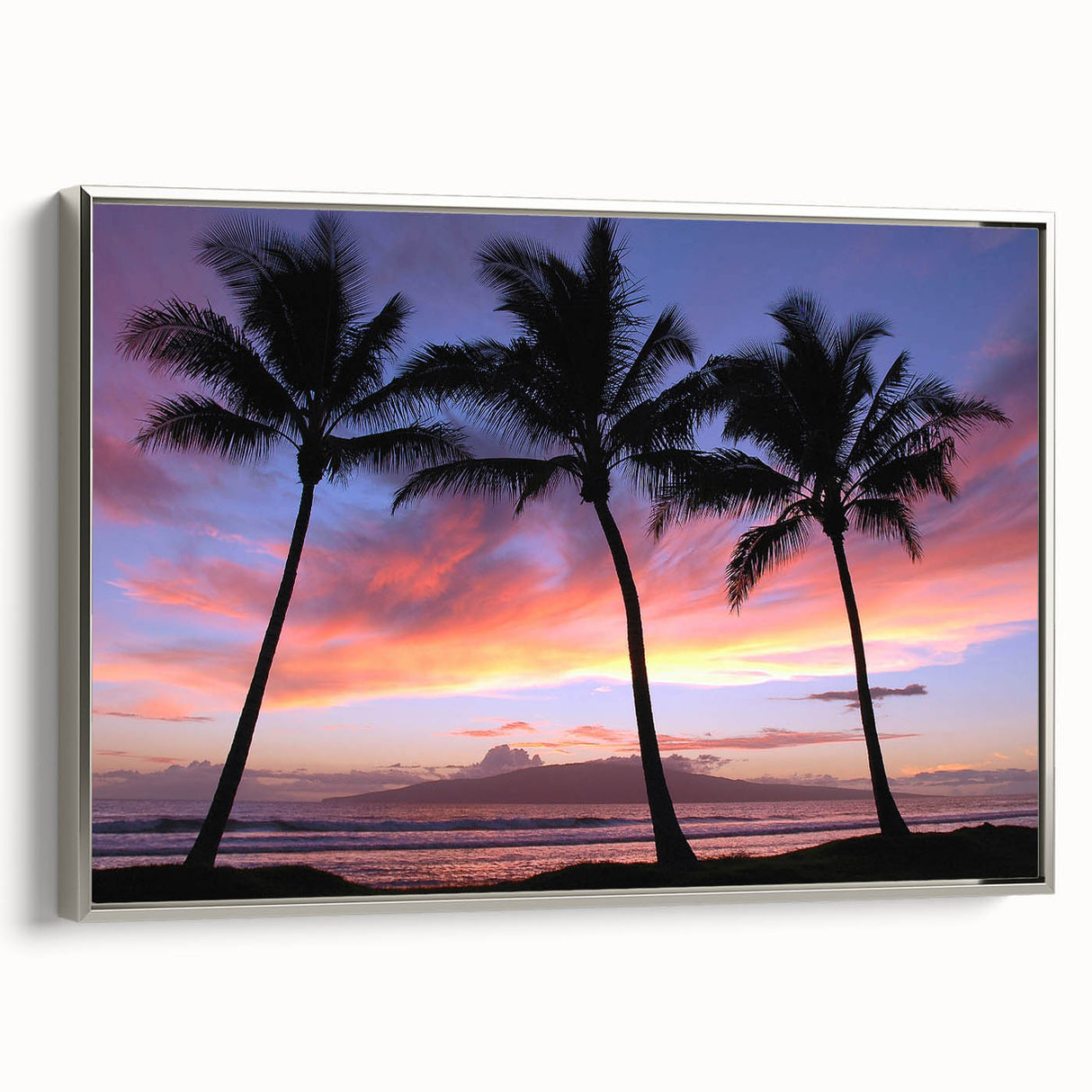 Framed canvas featuring a vintage-style landscape painting of Maui with vibrant, colorful art on a black background.