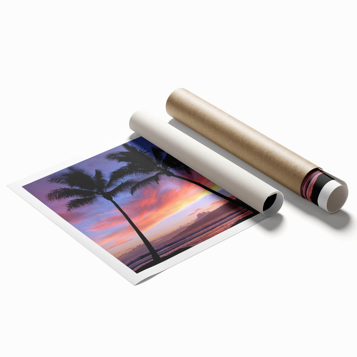 Extra large rolled print of Maui scenery with lush floral elements in vibrant hues, ideal for classy bathroom wall art.