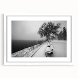 Abstract art print of Idaho scenery in muted earth tones, framed with a white mat, suitable for dining room decor.