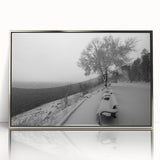 Mid-century modernist art depicting Idaho scenery in muted earth tones on a silver-framed acrylic print.