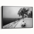 Black and white wall art featuring a vintage poster-style Idaho landscape on a framed canvas, ideal for bedroom decor.