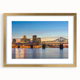 Extra large abstract art print featuring textured scenery of Kentucky in muted earth tones, framed in gold.