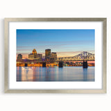Textured abstract art print of rolling Kentucky hills in muted green and blue tones on a framed silver mat.