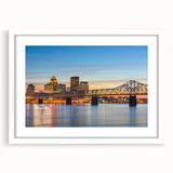 Abstract art print of Kentucky scenery in muted earth tones, framed in white, suitable for dining room decor.