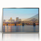 Framed acrylic print of Kentucky scenery in mid-century modernist style with muted earth tones, ideal for nursery wall art.