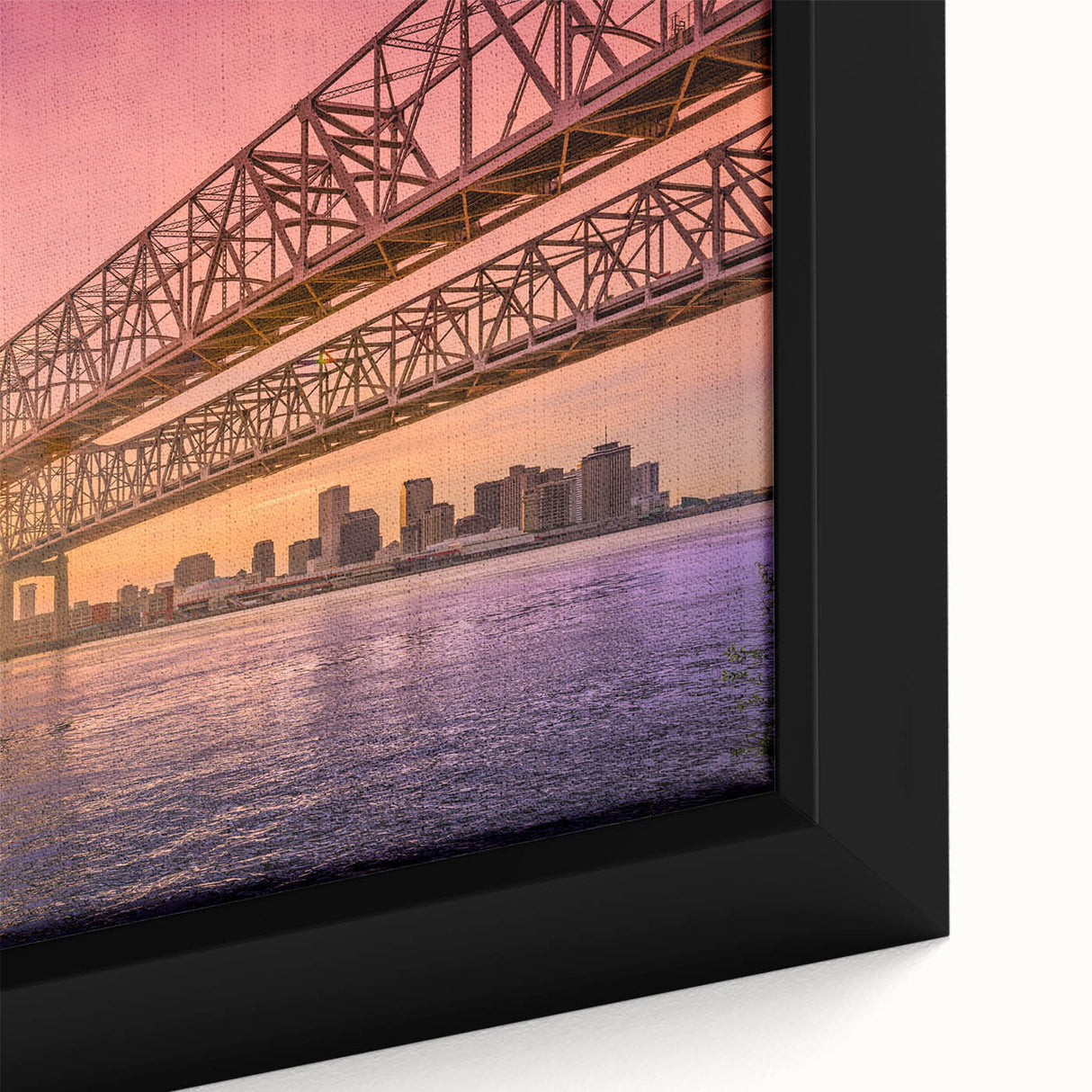 Textured black wall art of New Orleans scenery in vibrant colors on a large framed canvas, suitable for living room decor.