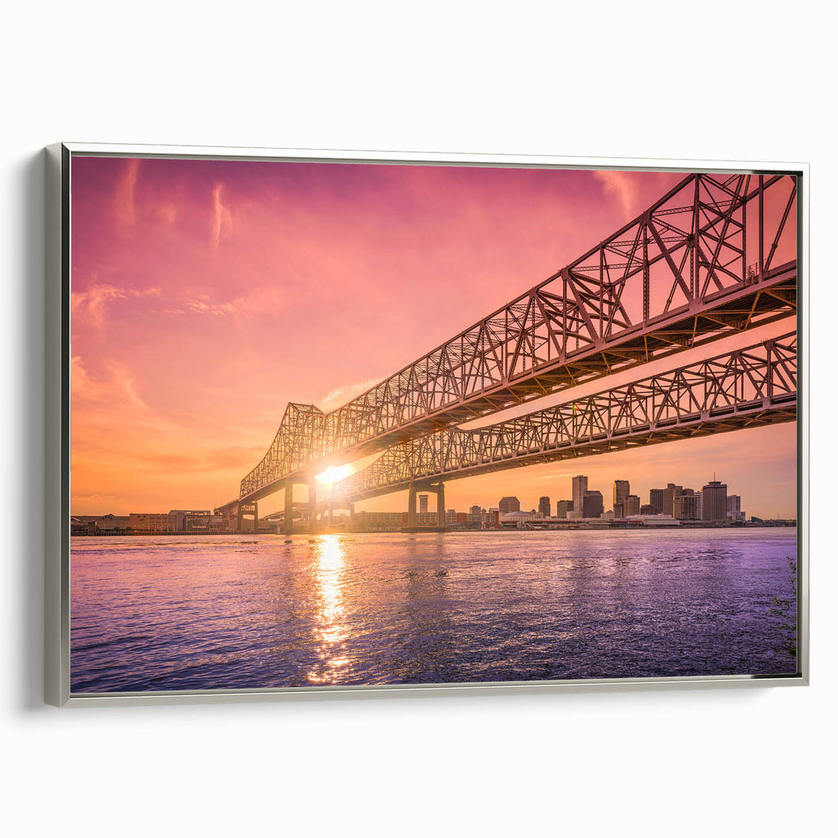 Framed canvas of a vintage-style New Orleans landscape in vibrant colors, ideal for living room decor.