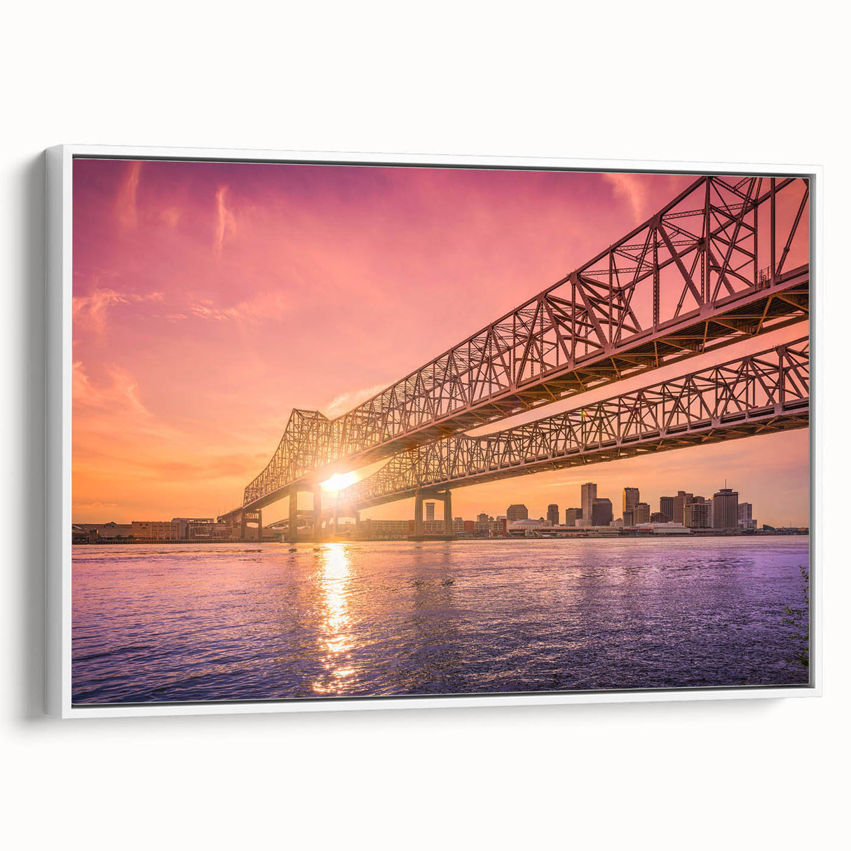 Vintage poster art of New Orleans in colorful hues on a large framed canvas, ideal for living room decor.