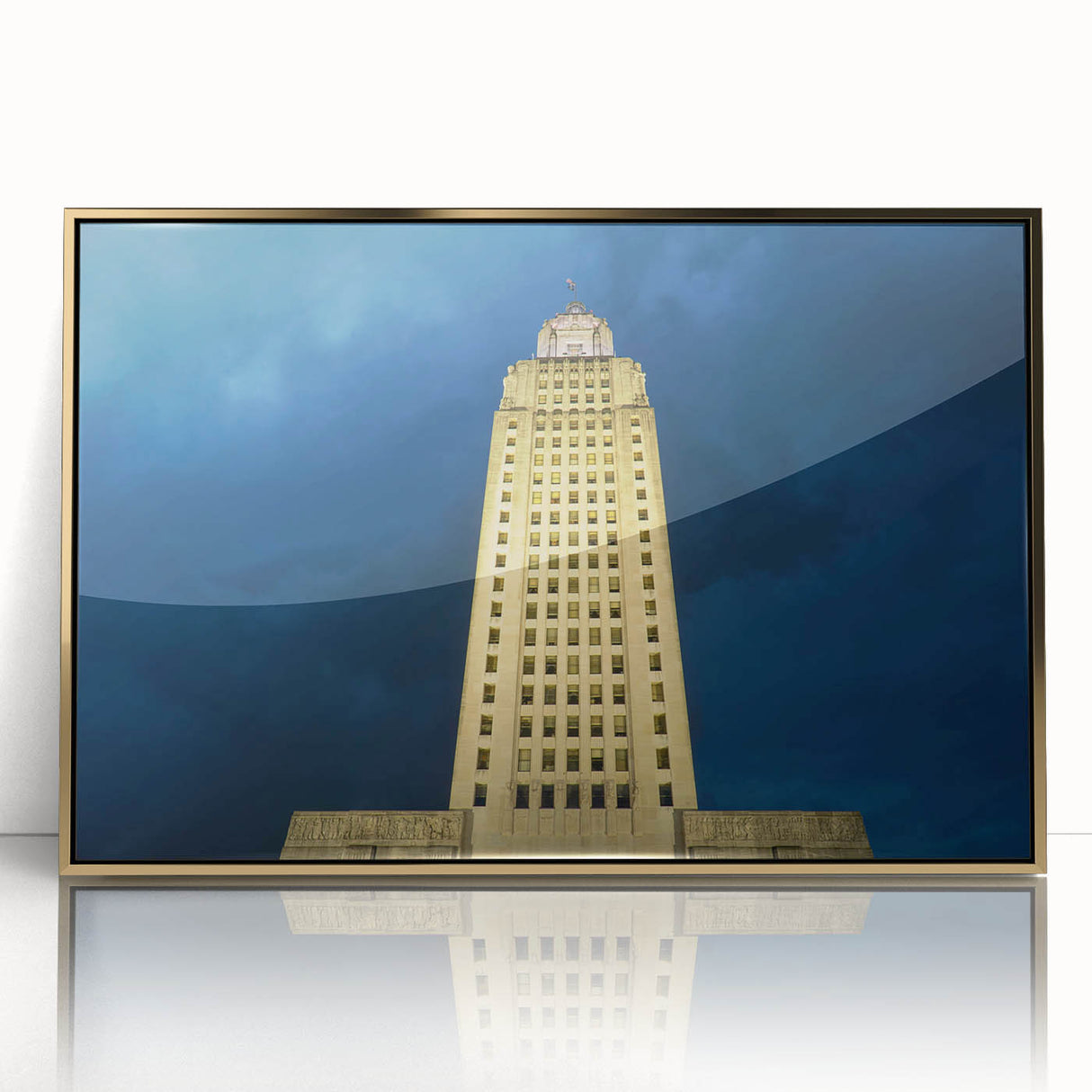 Acrylic print of a Louisiana scenery in gold frame, featuring mid-century modernist style, ideal for nursery wall art.