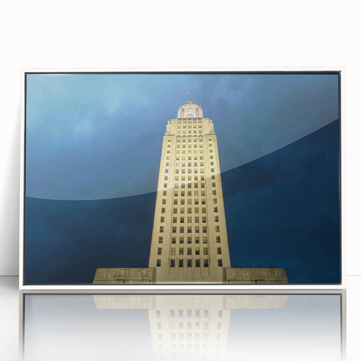 Art deco poster of a Louisiana landscape in pastel shades on white framed acrylic, suitable for modern nursery decor.