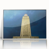 Art deco poster of a Louisiana landscape in pastel shades on white framed acrylic, suitable for modern nursery decor.