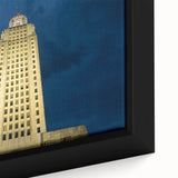 Close-up of a black framed canvas featuring a textured Louisiana scenery in colorful art style, ideal for living room decor.