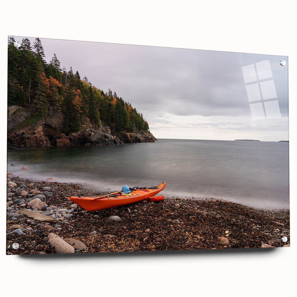 Acrylic print of Acadia National Park with vibrant green and blue tones, suitable for bedroom or dining room decor.