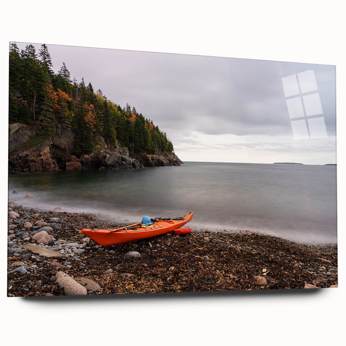 Acadia National Park scenery on large acrylic glass, featuring earthy tones and a serene landscape.