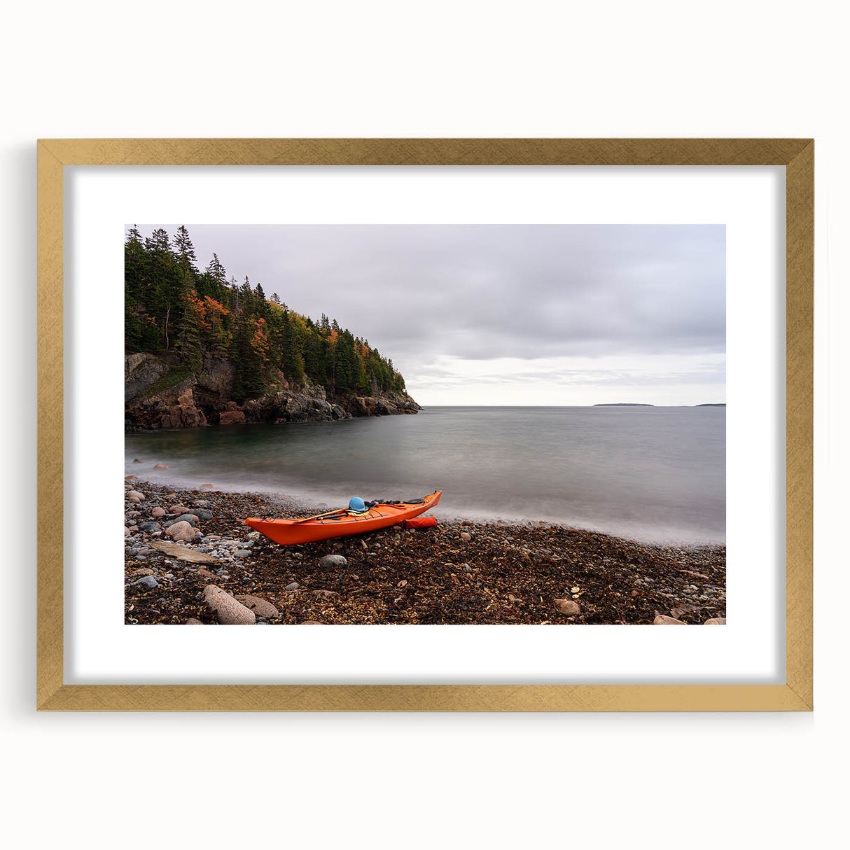 Extra large abstract art print of Acadia, Maine scenery in gold frame, ideal for living room decor.