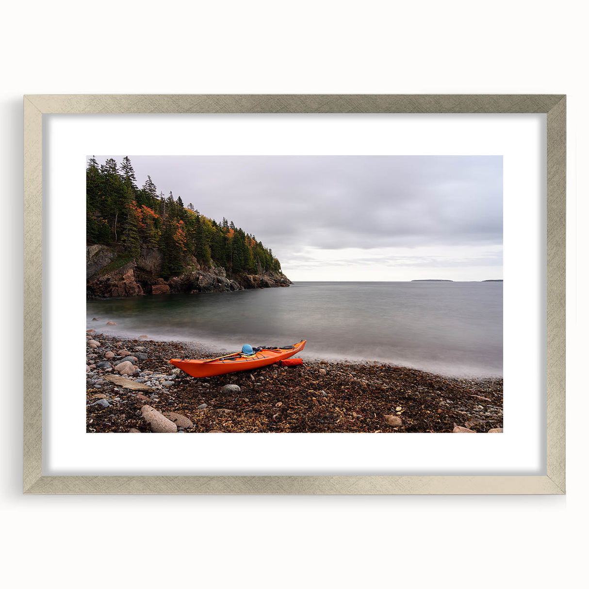 Textured art depicting Acadia National Park with abstract tree silhouettes, in a silver frame.