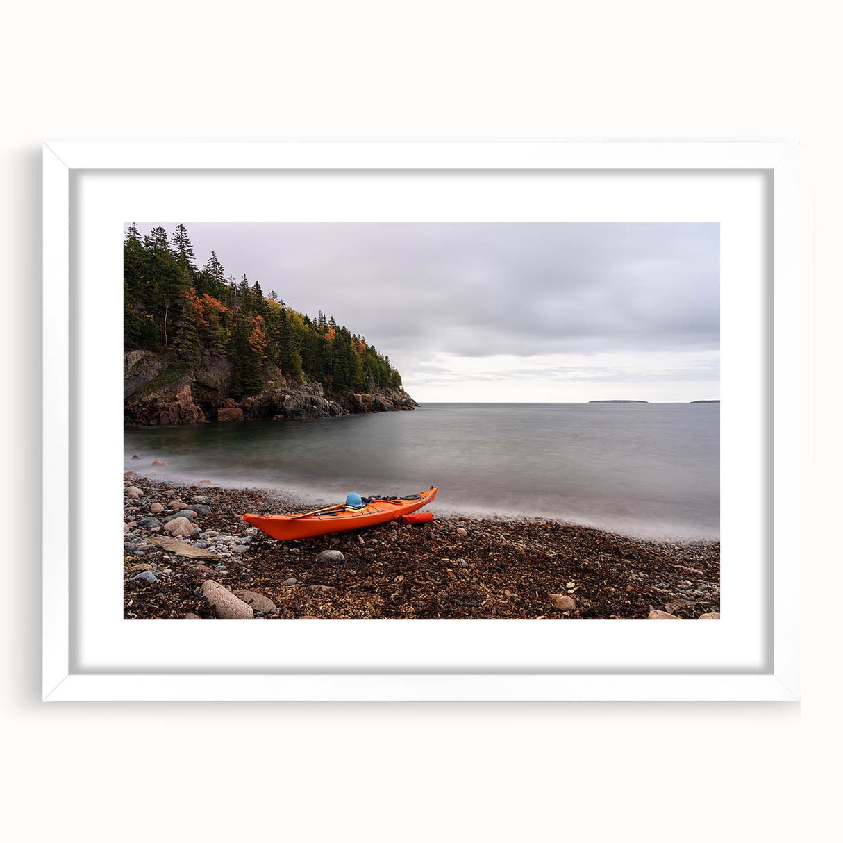 Abstract art print of Acadia, Maine, in muted earth tones on a white-framed canvas, suitable for dining room decor.