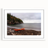Abstract art print of Acadia, Maine, in muted earth tones on a white-framed canvas, suitable for dining room decor.