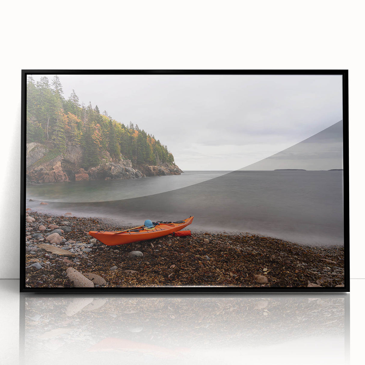 Large abstract wall art of Acadia, Maine in muted earth tones on a black framed acrylic.