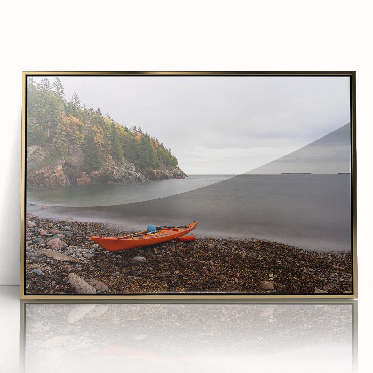 Acadia National Park scenery on a large acrylic print, framed in gold, featuring mid-century modernist style.