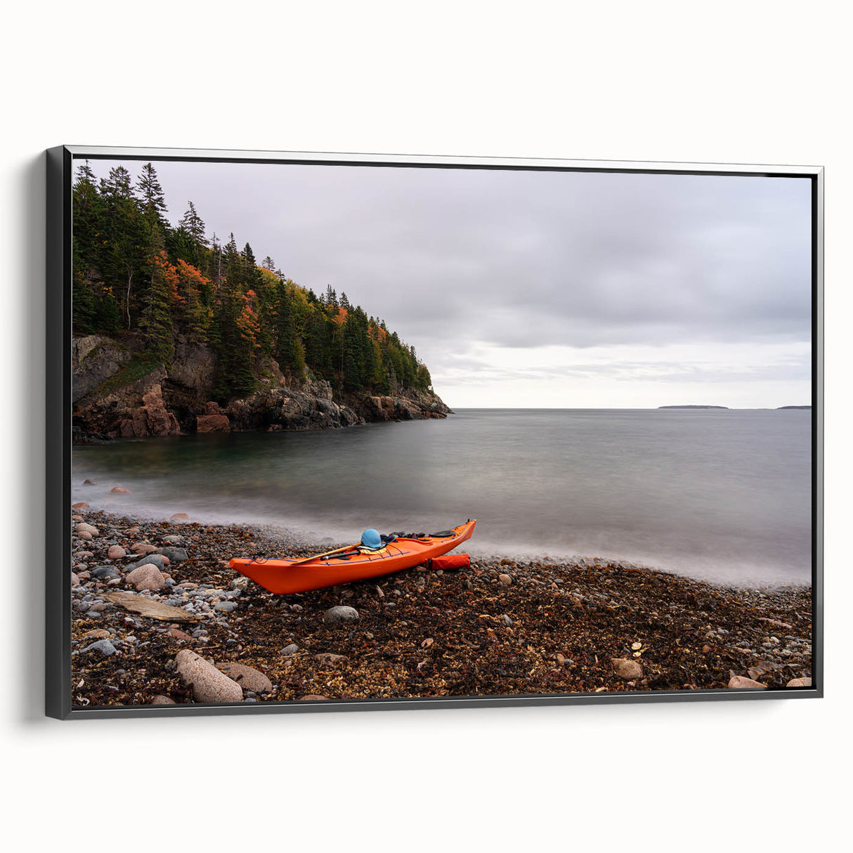 Black and white framed canvas of Acadia landscape, ideal for bedroom wall decor.