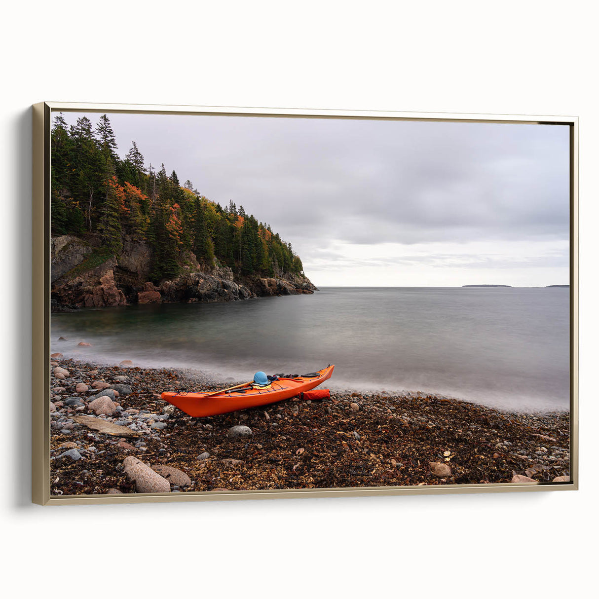 Framed canvas depicting a serene Acadia landscape in muted earth tones, ideal for bedroom wall art.