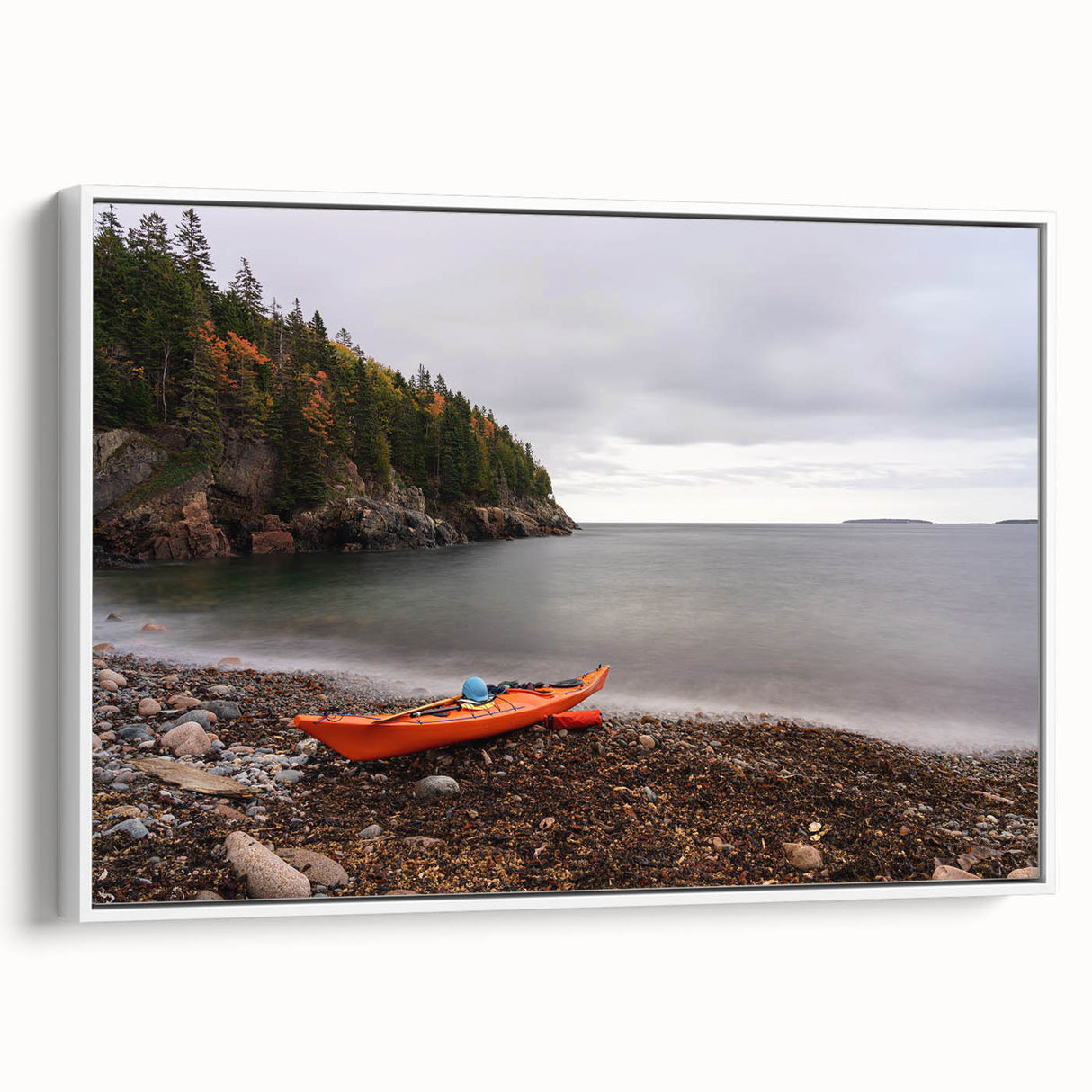 Vintage poster art of Acadia, Maine on extra large framed canvas, featuring vibrant colors, ideal for living room decor.