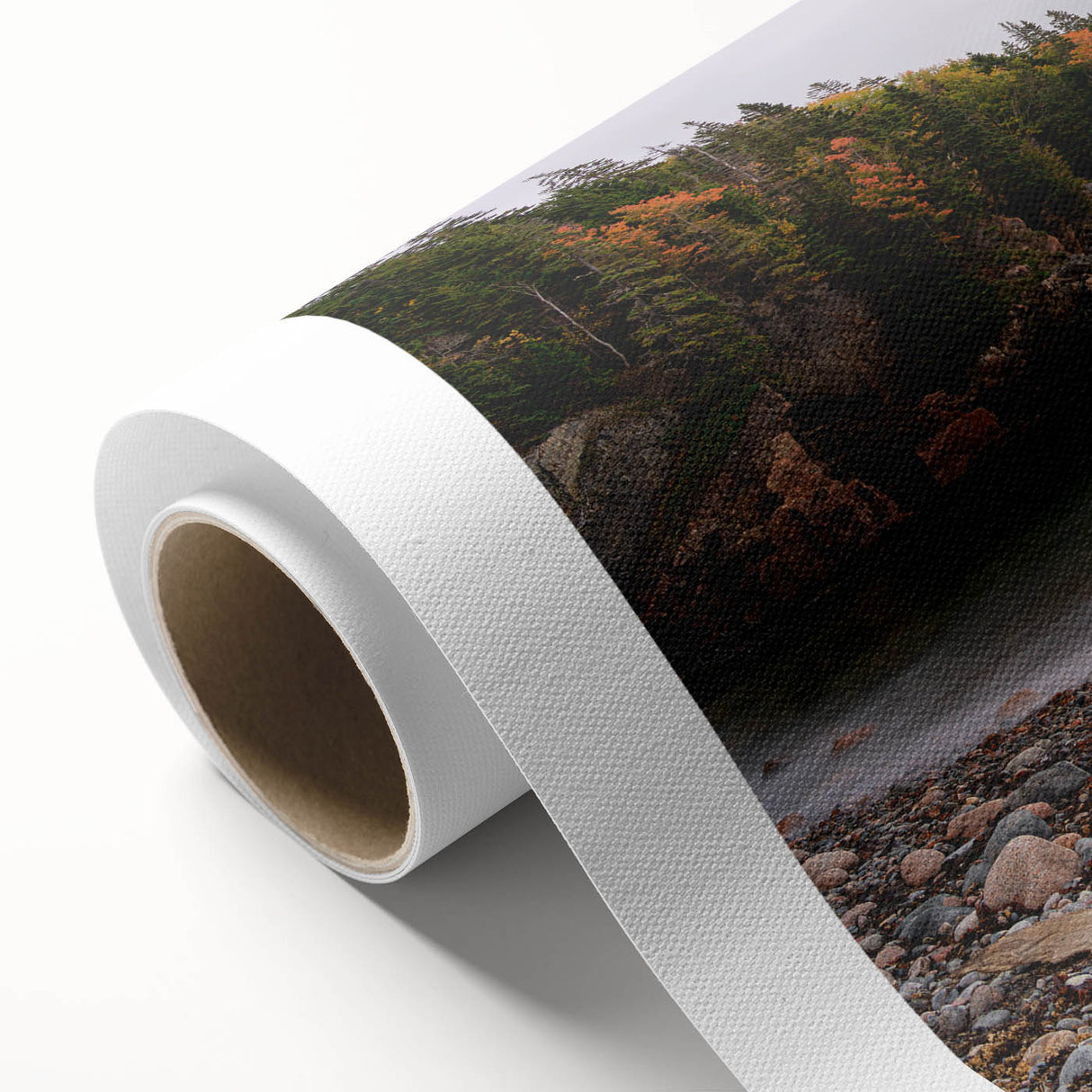 Art Deco poster of Acadia scenery, featuring muted green and blue tones on rolled canvas, ideal for nursery wall art.