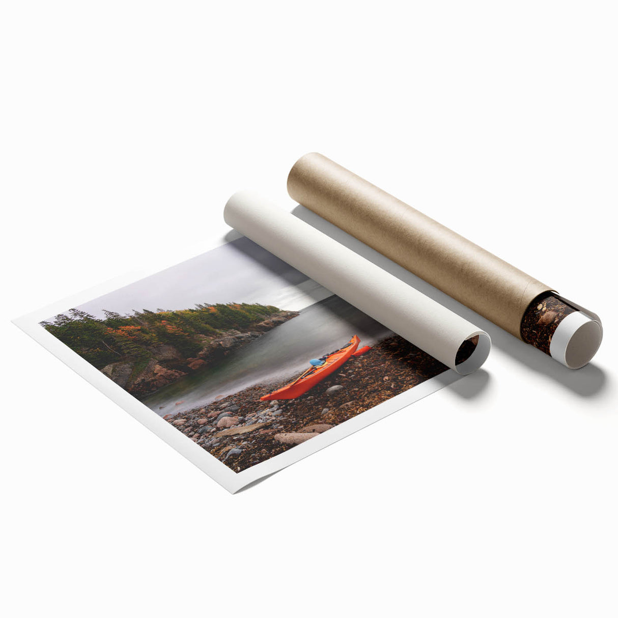 Acadia National Park landscape print in soft natural tones on rolled canvas, suitable for bathroom or living room decor.