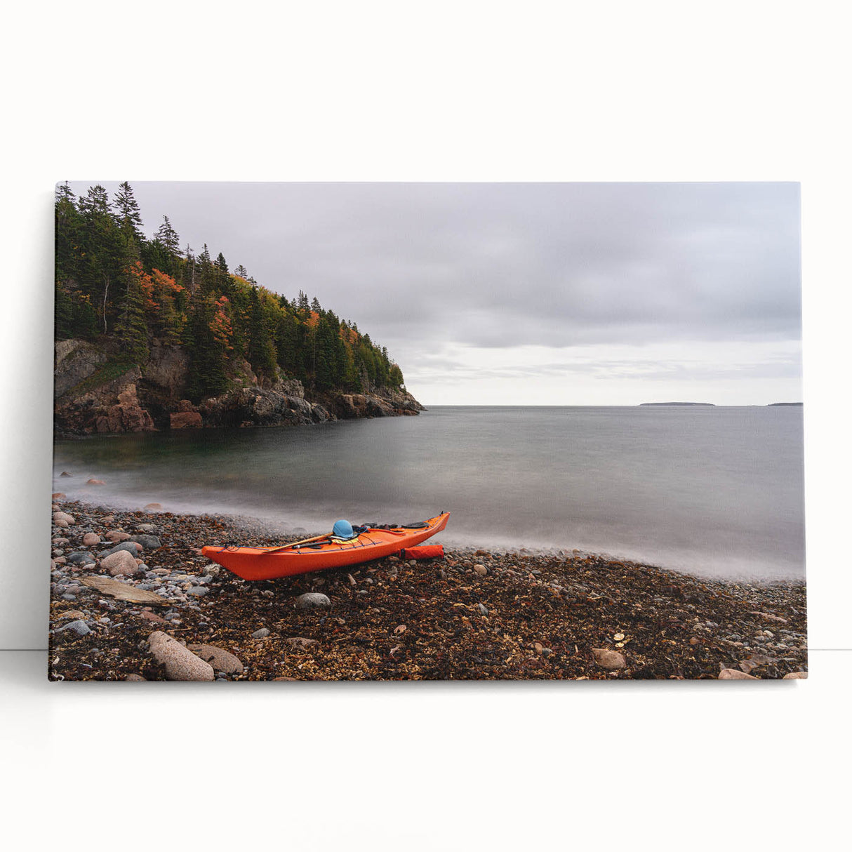 Black and white photo of Acadia National Park on stretched canvas, ideal for kitchen wall art.