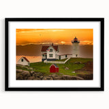 Abstract art print depicting a vibrant Maine scenery in textured colors on a large framed canvas.