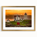 Extra large abstract art print of Maine scenery in muted earth tones on a textured canvas, framed in gold.