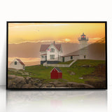 Large abstract wall art depicting a serene Maine landscape in muted earth tones, framed in black acrylic.