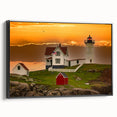 Black and white framed canvas of a Maine landscape, ideal for bedroom decor, featuring vintage poster art style.